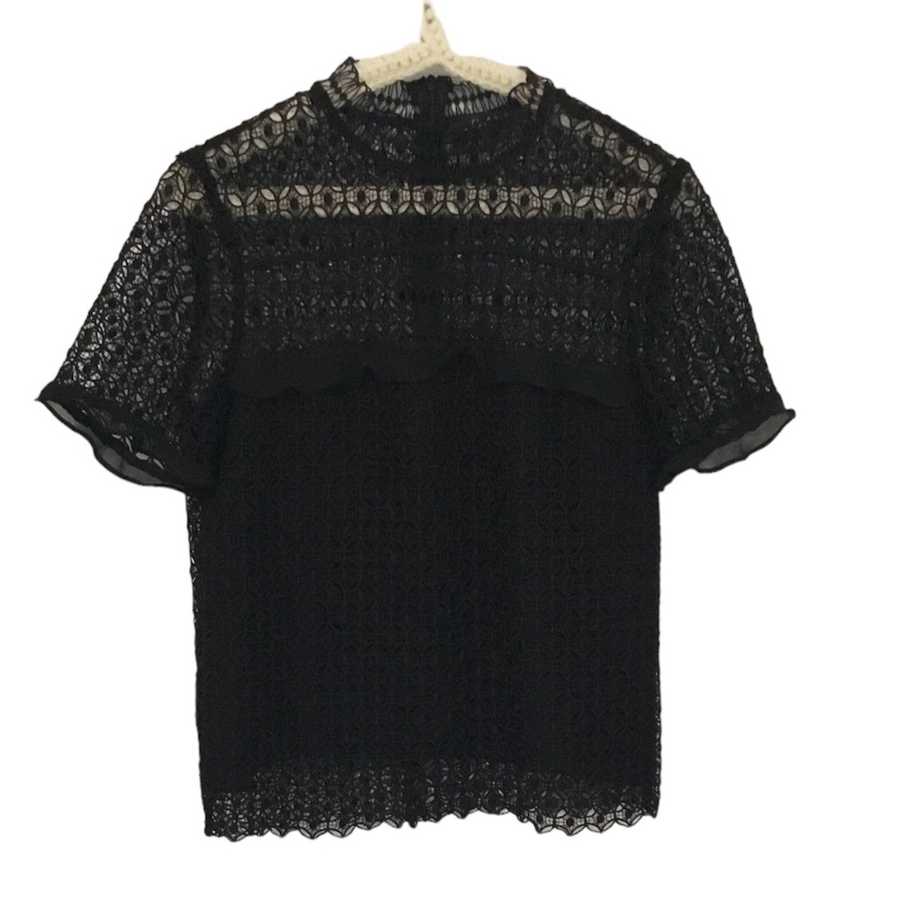 Zara women small black top with zip on back, crochet/mesh overlay. Pre owned - Picture 1 of 9